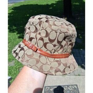 Coach Bucket Hat Leather Band Bow CC Monogram Signature Pattern Brown & Tan S/P